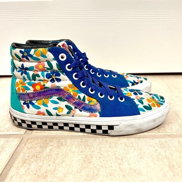VANS SK8-Hi toptrainers blue floral tropical checked sneakers women’s size 8.5M - Picture 1 of 8